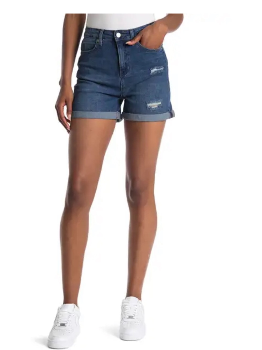 Abound Women's Medium Blue Distressed Rolled-Hem Denim Shorts Sz 25